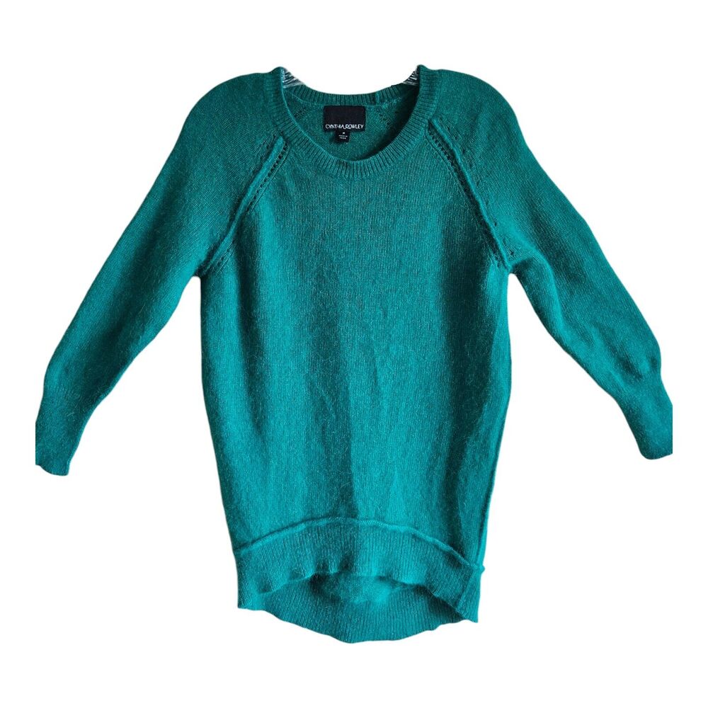 CYNTHIA ROWLEY Women's M Angora Sweater Green 3/4 Sleeve Soft Bust 36"